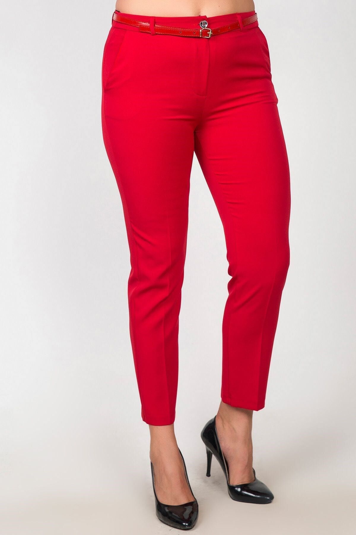 Womenice Kadın Kırmızı Yüksek Bel Klasik Kumaş Büyük Beden Pantolon