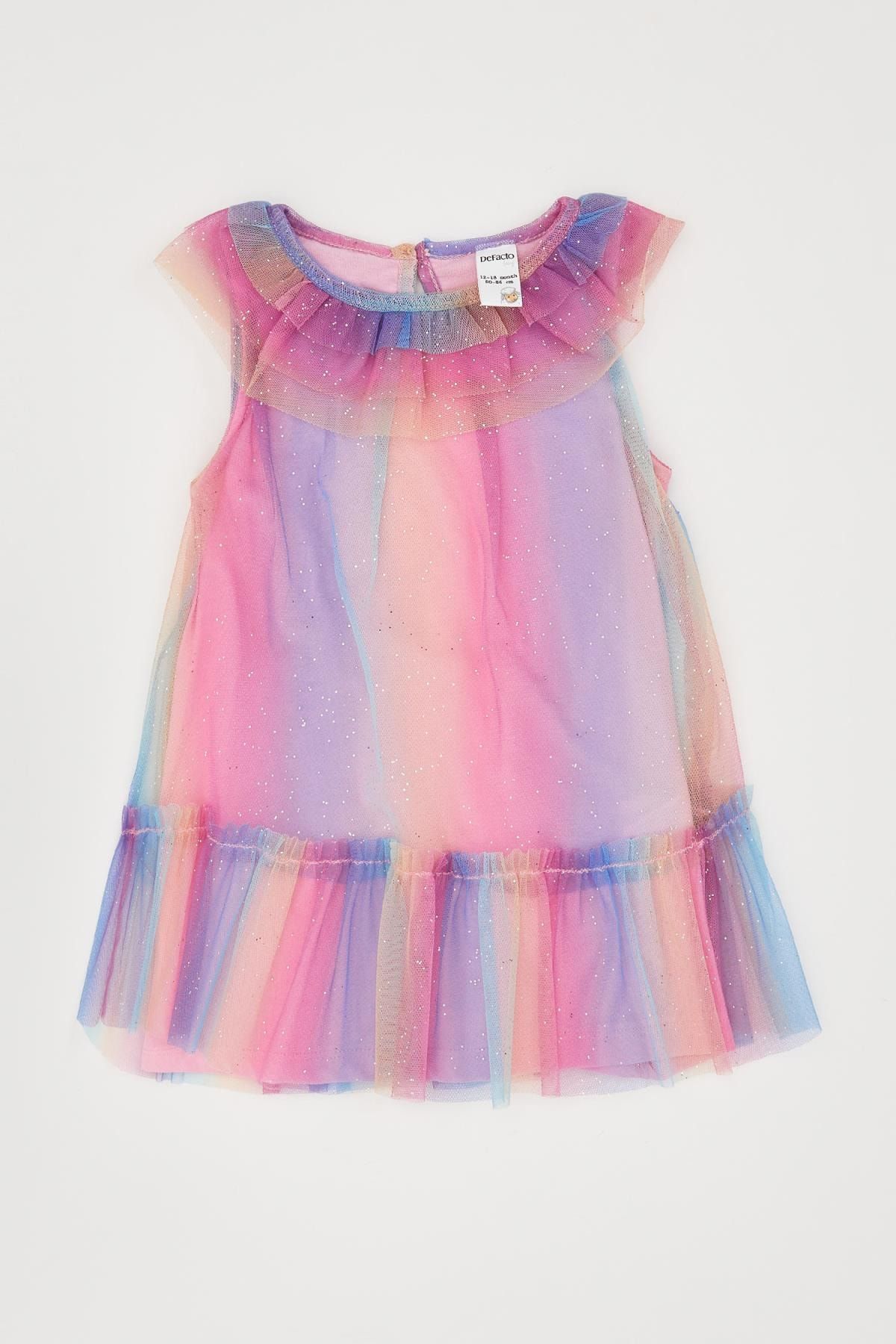 Defacto Kız Bebek Volanlı Gökkuşağı Renkli Kolsuz Tül Elbise