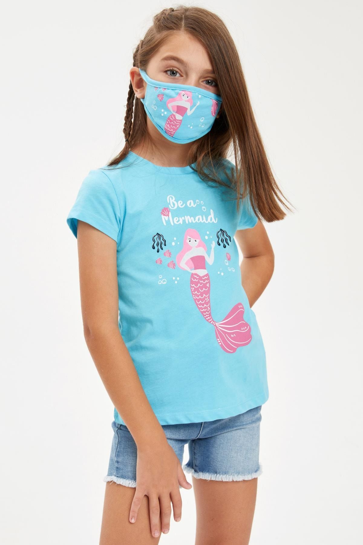 Defacto Kız Çocuk Mermaid Baskılı Tişört Ve Maske Takım