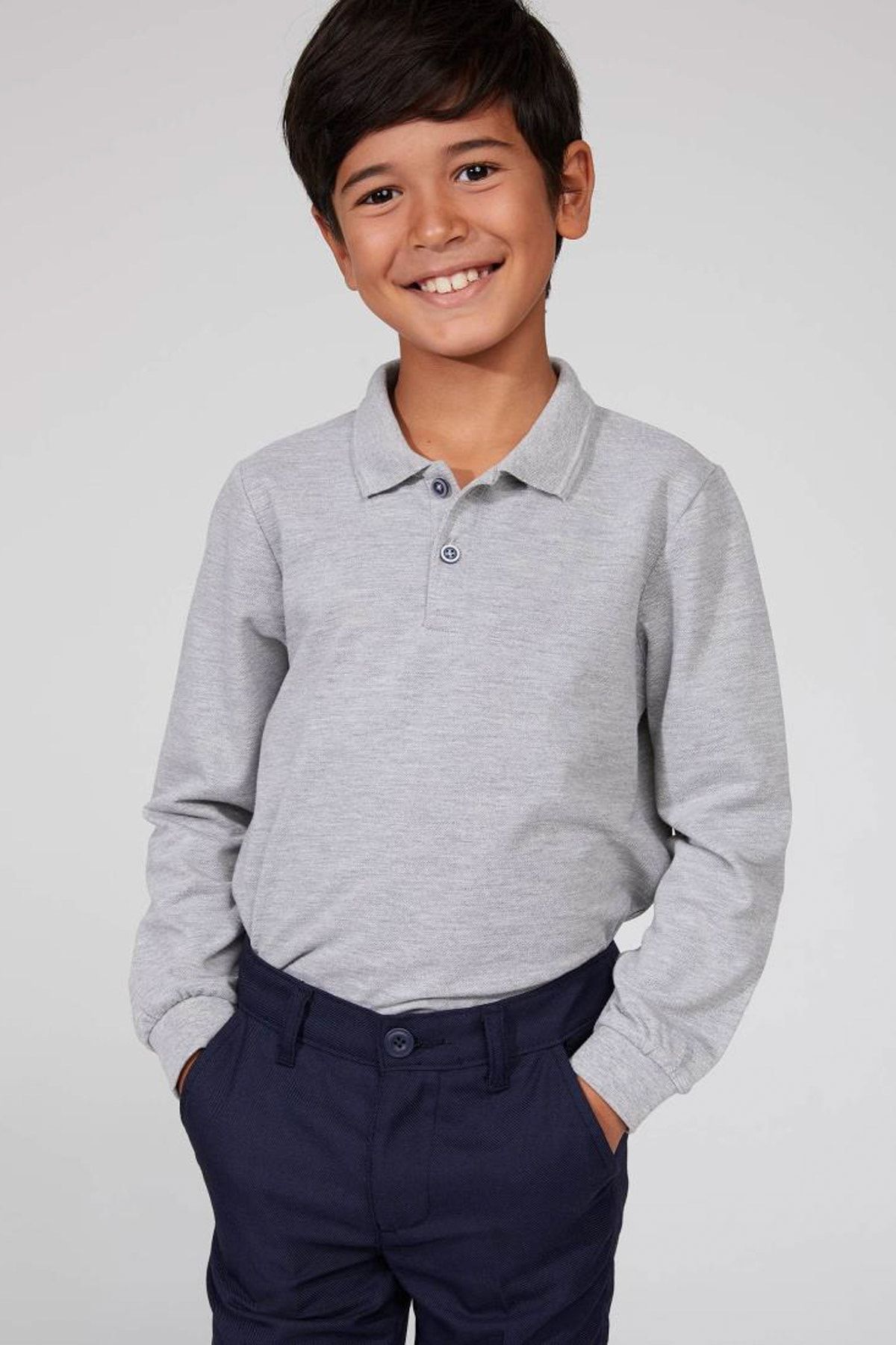 Defacto Gri Erkek Çocuk  Uzun Kollu Polo T-Shirt
