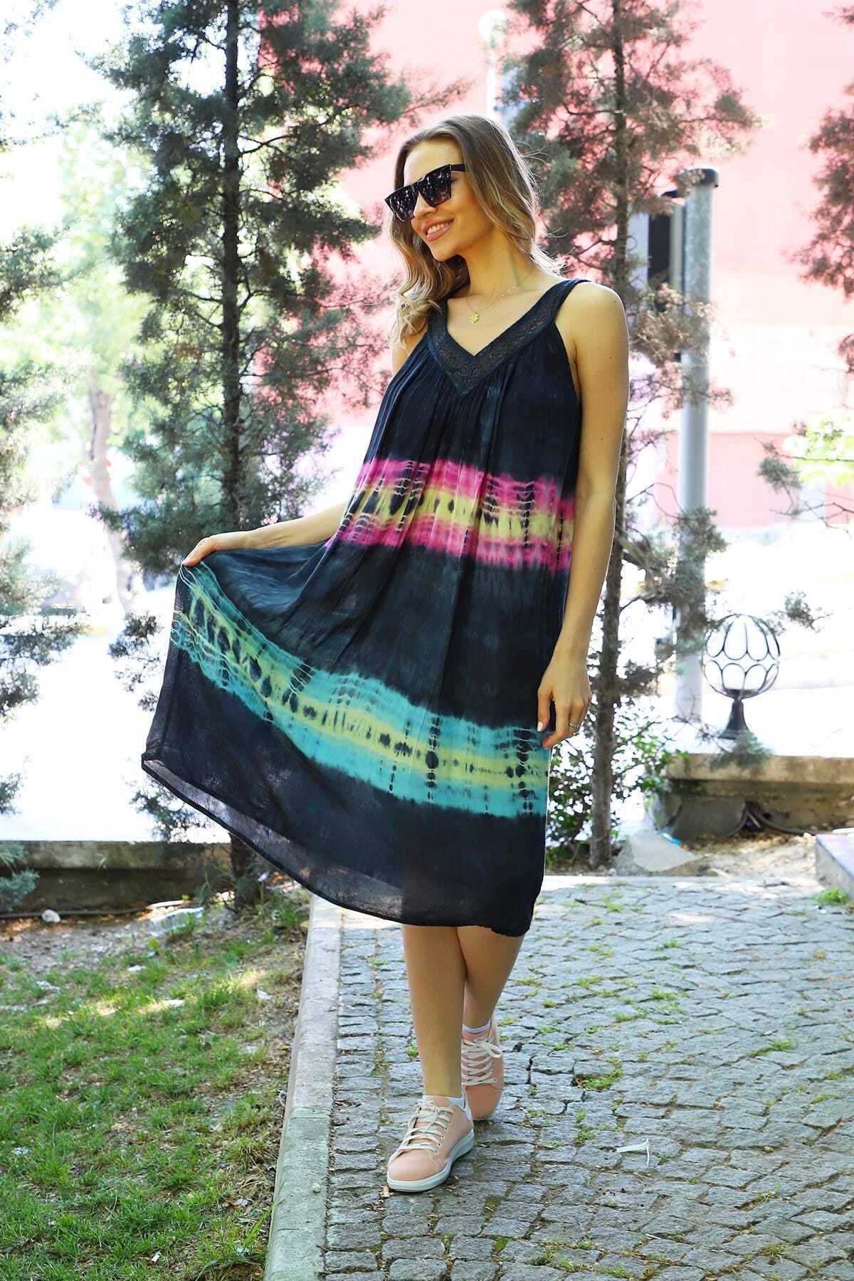 YILSOY TEKSTİL Kadın Dantel Yaka Enine Desenli Batik Elbise