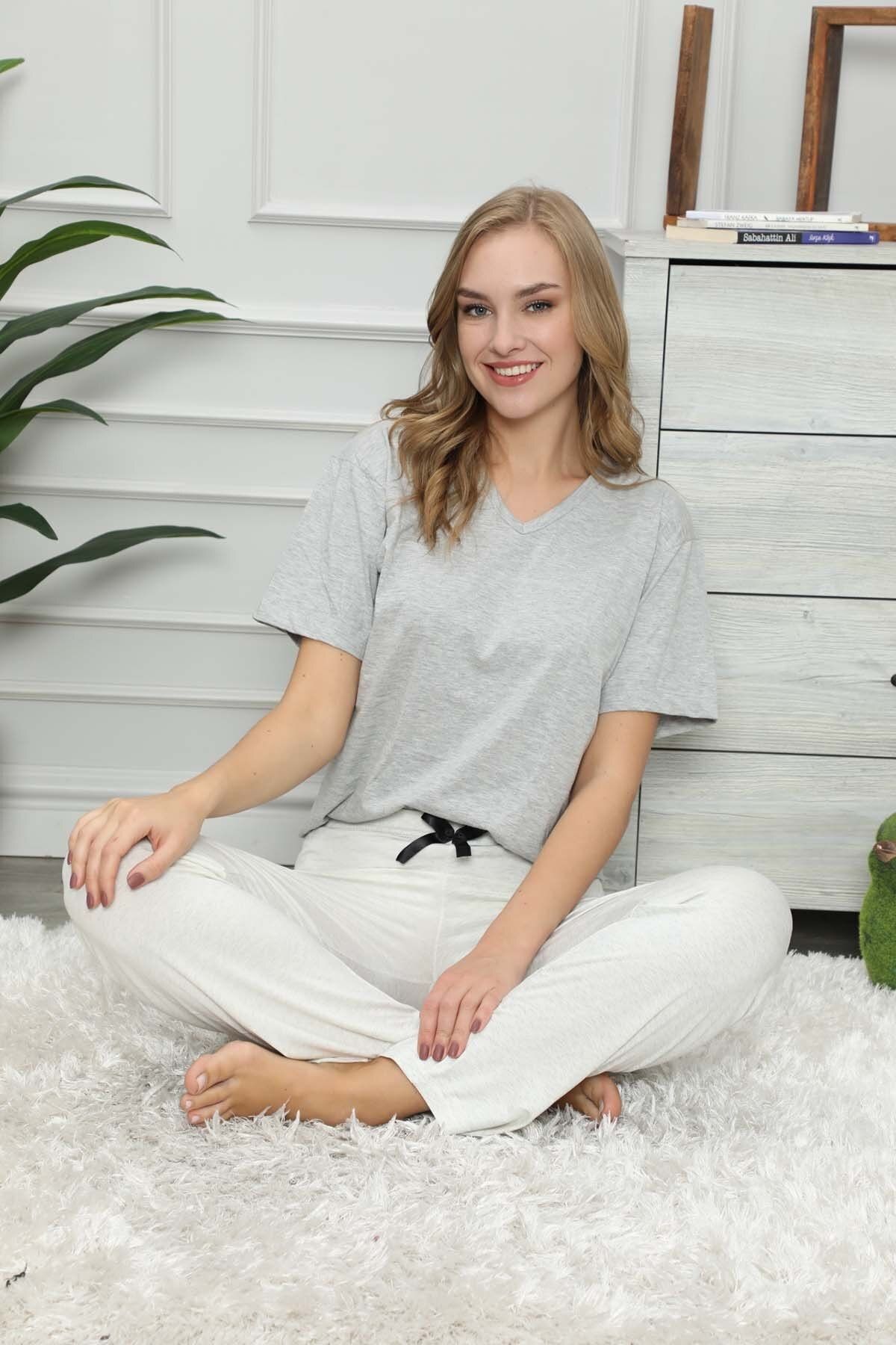 modalove Kadın Beyaz Tek Alt Pijama 2'li Set