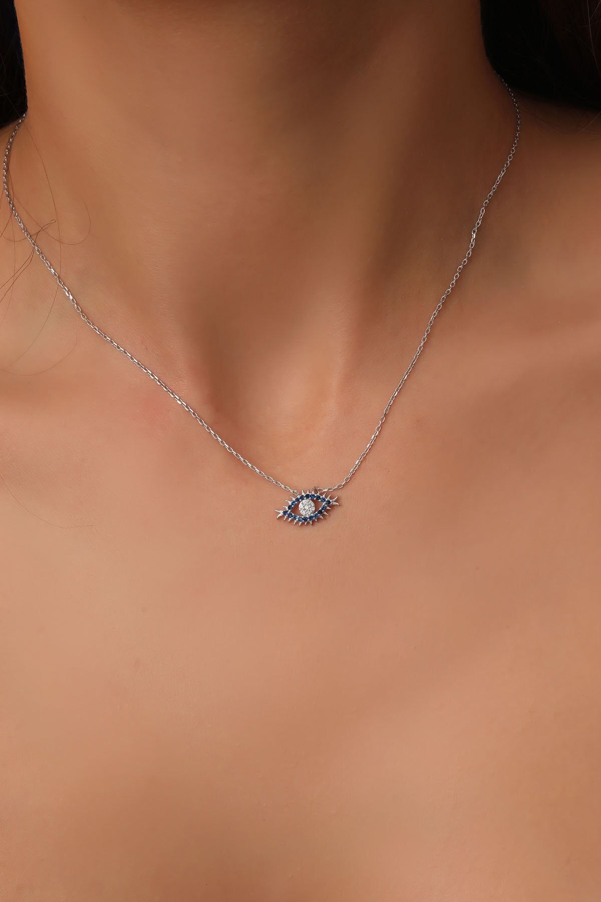 Bilsen Store 925 Ayar Gümüş Rodium Kaplama Mavi Zirkon Taşlı Göz Kolye