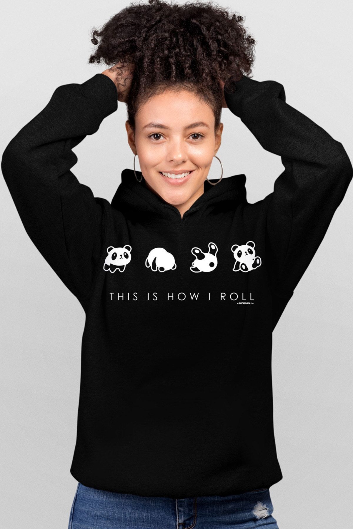 ROCKANDROLL Panda Taklası Siyah Kapşonlu Kadın Sweatshirt