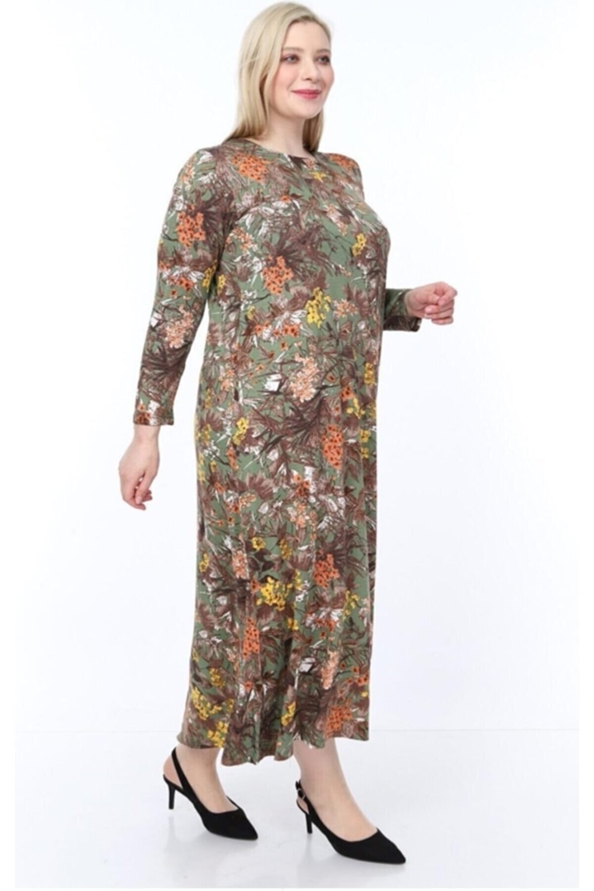 Şirin Butik Kadın Yeşil Büyük Beden Desenli Uzun Kol Elbise