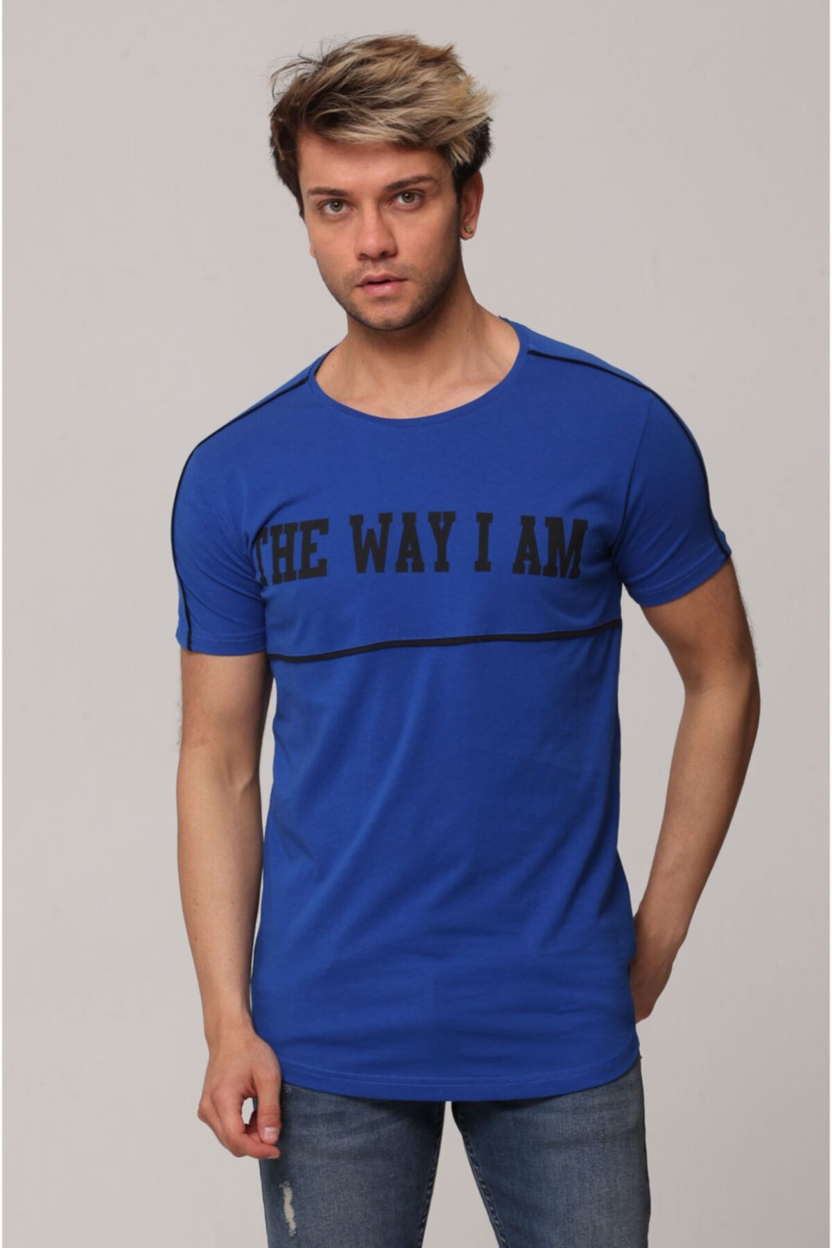 Tarz Cool Erkek Saks Şerit Detaylı Baskılı T-shirt