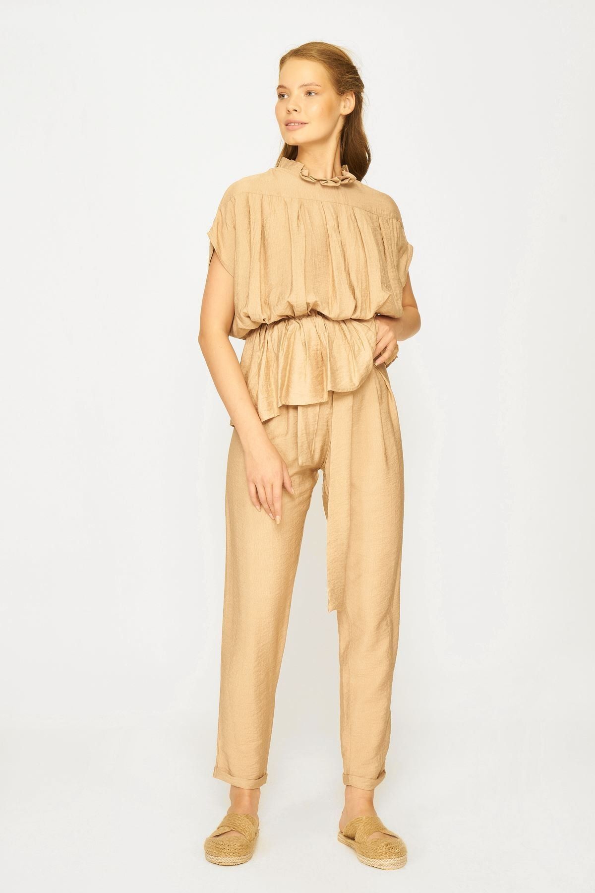 Batik Kadın Camel Kısa Kol Duz Casual Bluz