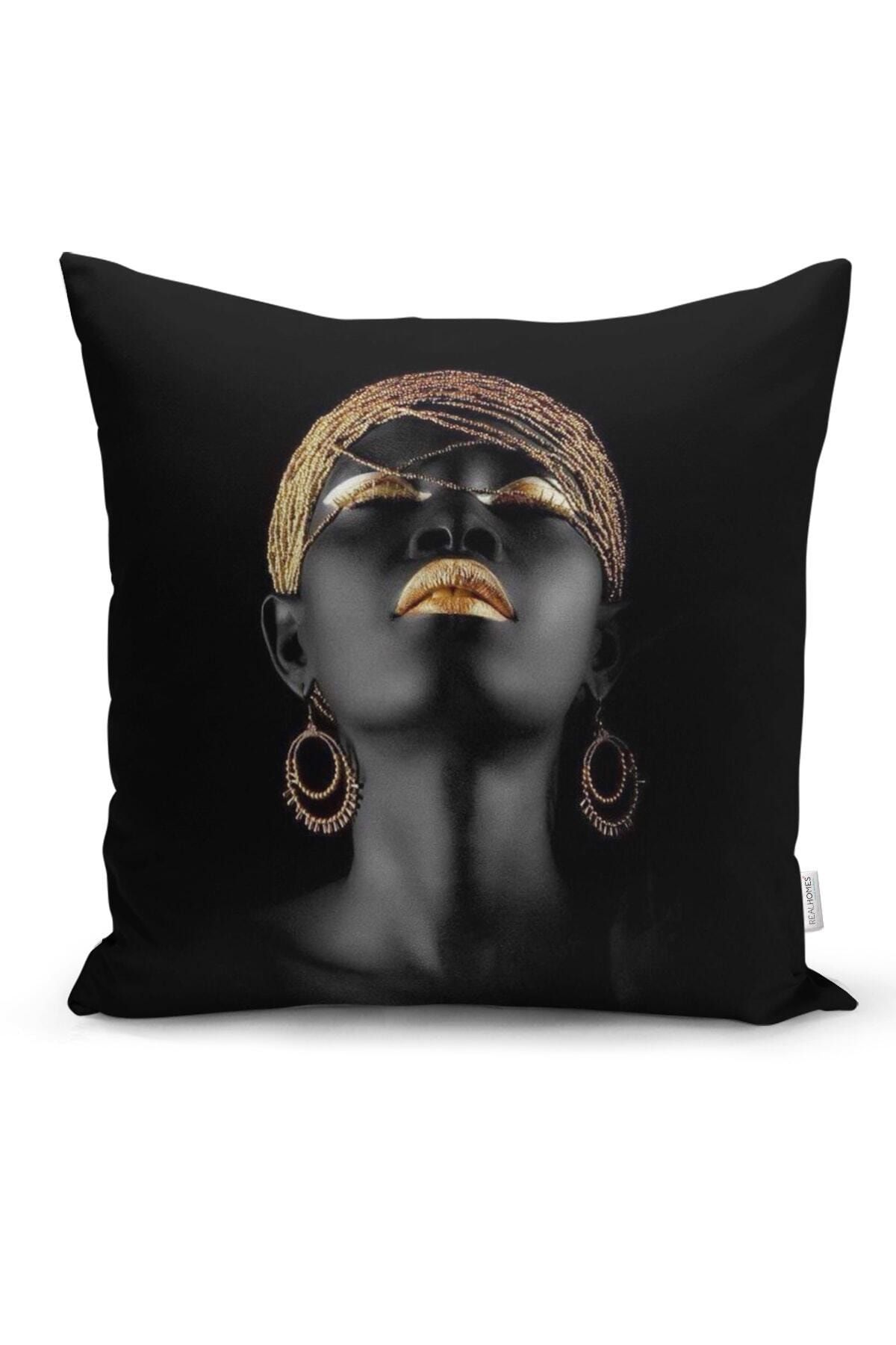 Realhomes Siyahi Kadın Özel Tasarımlı Modern Dekoratif Yastık Kırlent Kılıfı