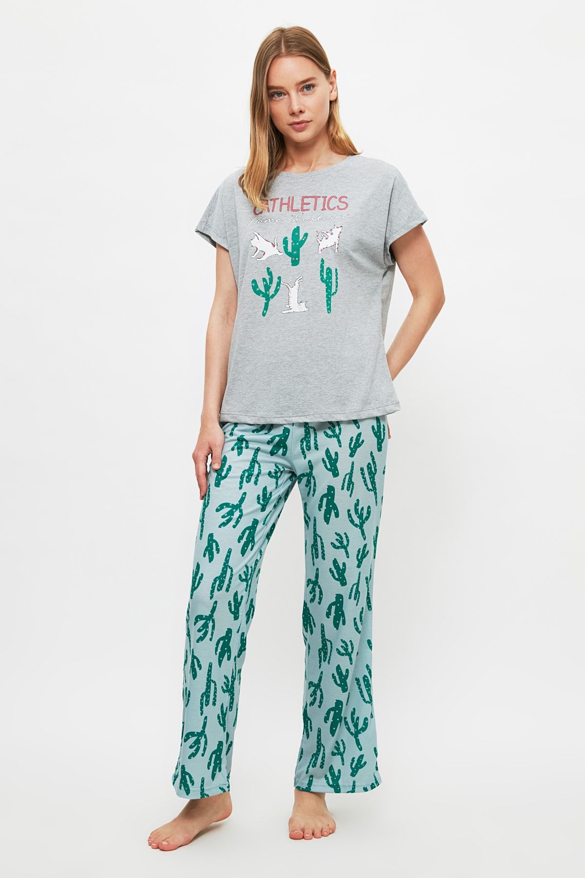 TRENDYOLMİLLA Yeşil Kaktüs Desenli Örme Pijama Takımı THMSS21PT1306