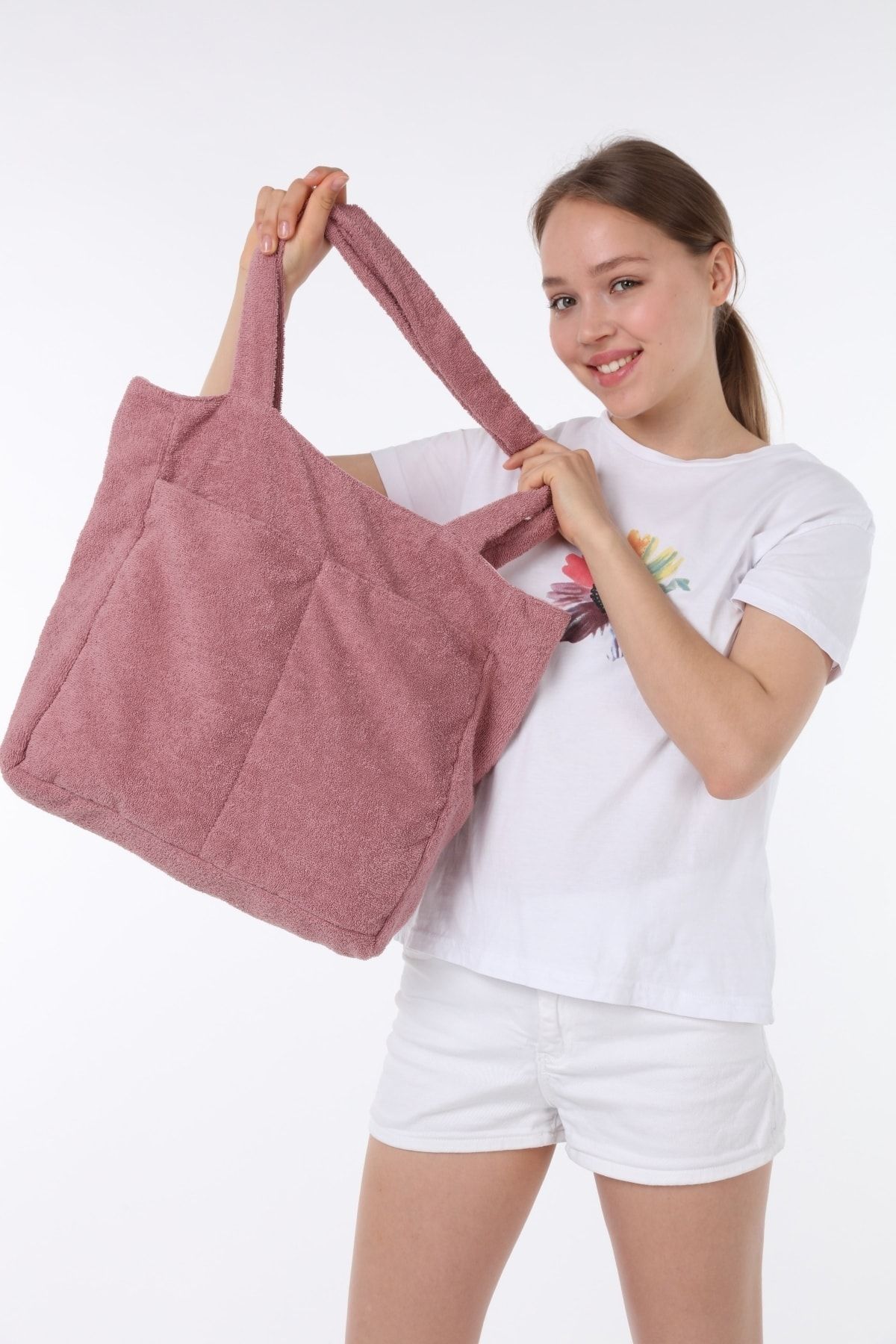 ICONE BAG Gül Kurusu Renk Kadın Çantası, Kadın Havlu Kumaş Çanta, Önü Iki Cepli Plaj Ve Omuz Çantası