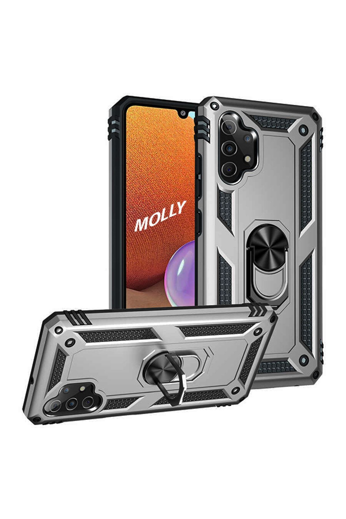 Molly Galaxy A32 4g Uyumlu Gümüş Megatron Yüzüklü Silikon Pc Kılıf