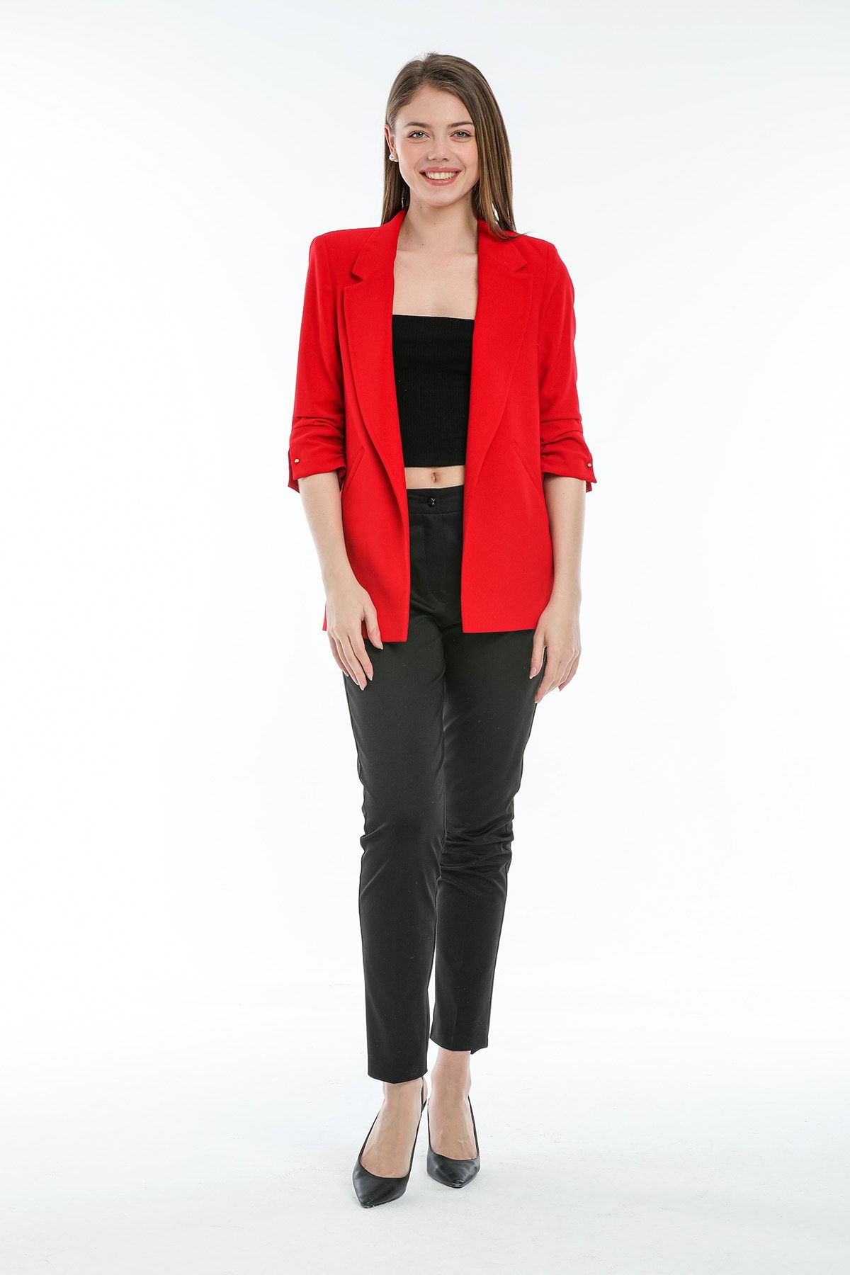 SİSLİNE Kadın Kırmızı Truvakar Kol Blazer Ceket