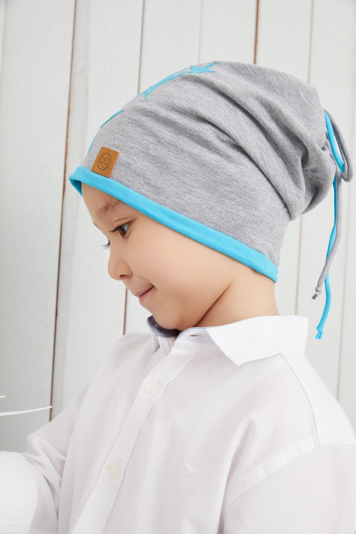 Babygiz Erkek Çocuk Gri Mavi Yıldızlı Şapka Bere Yumuşak Çift Katlı %100 Doğal Pamuklu Penye