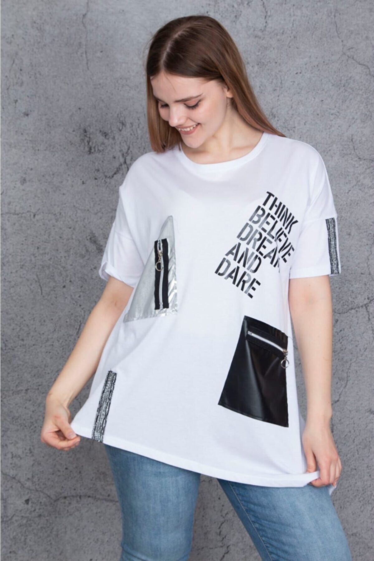 brand no:10 Büyük Beden Cep Detaylı Viskon T-shirt