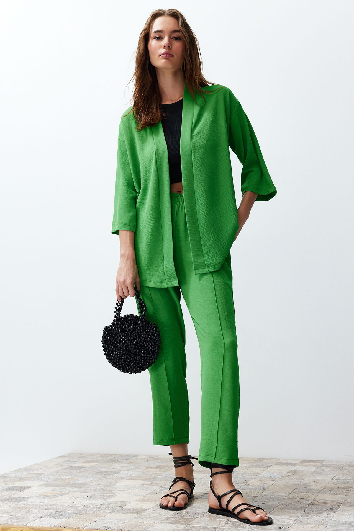 TRENDYOLMİLLA Yeşil Dokuma Kimono Pantolon Alt-Üst Takım TWOSS24AU00037