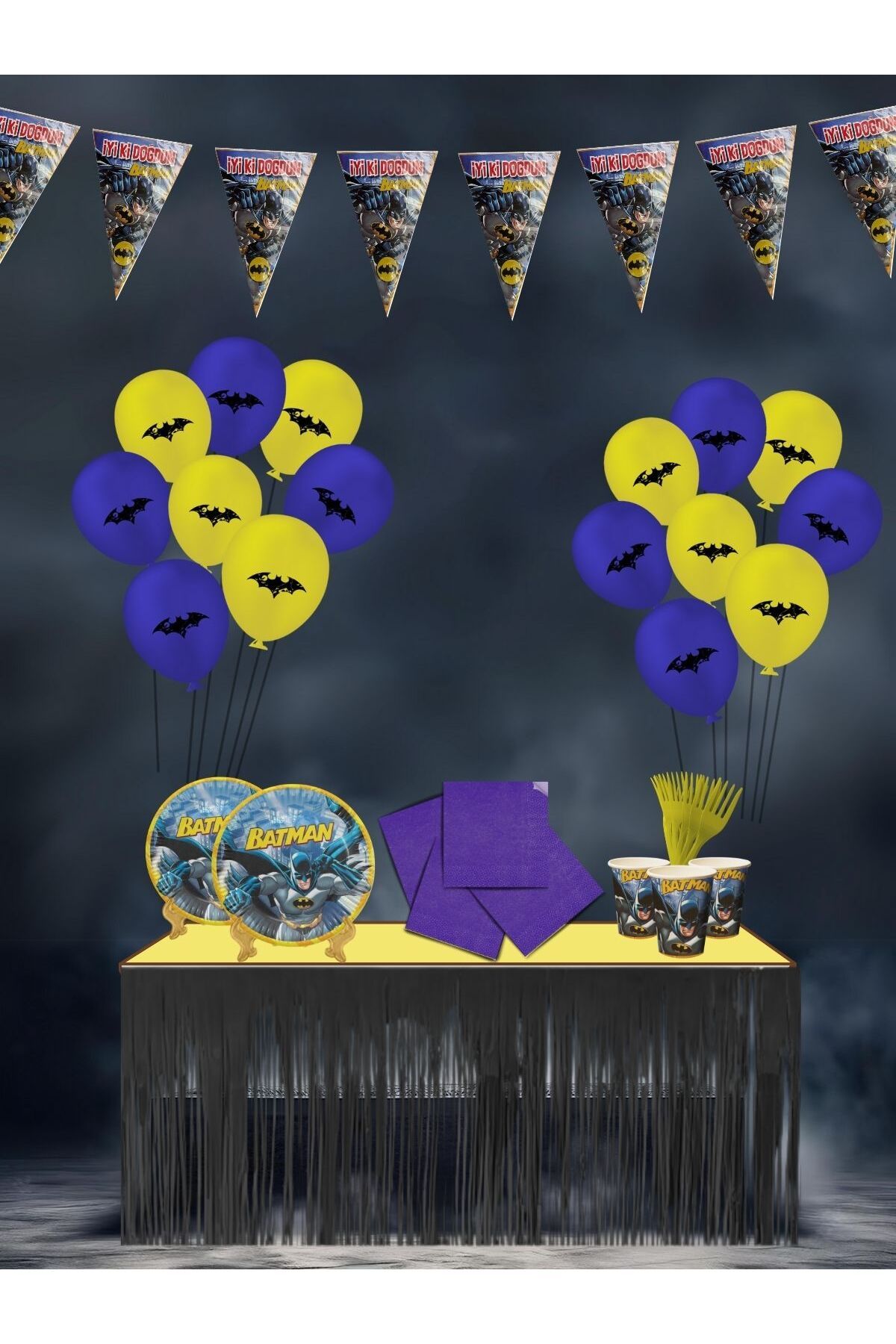 Batman Metalize Masa Etekli 8 Kişilik Doğum Günü Parti Malzemeleri Süsleri Seti ETKLST