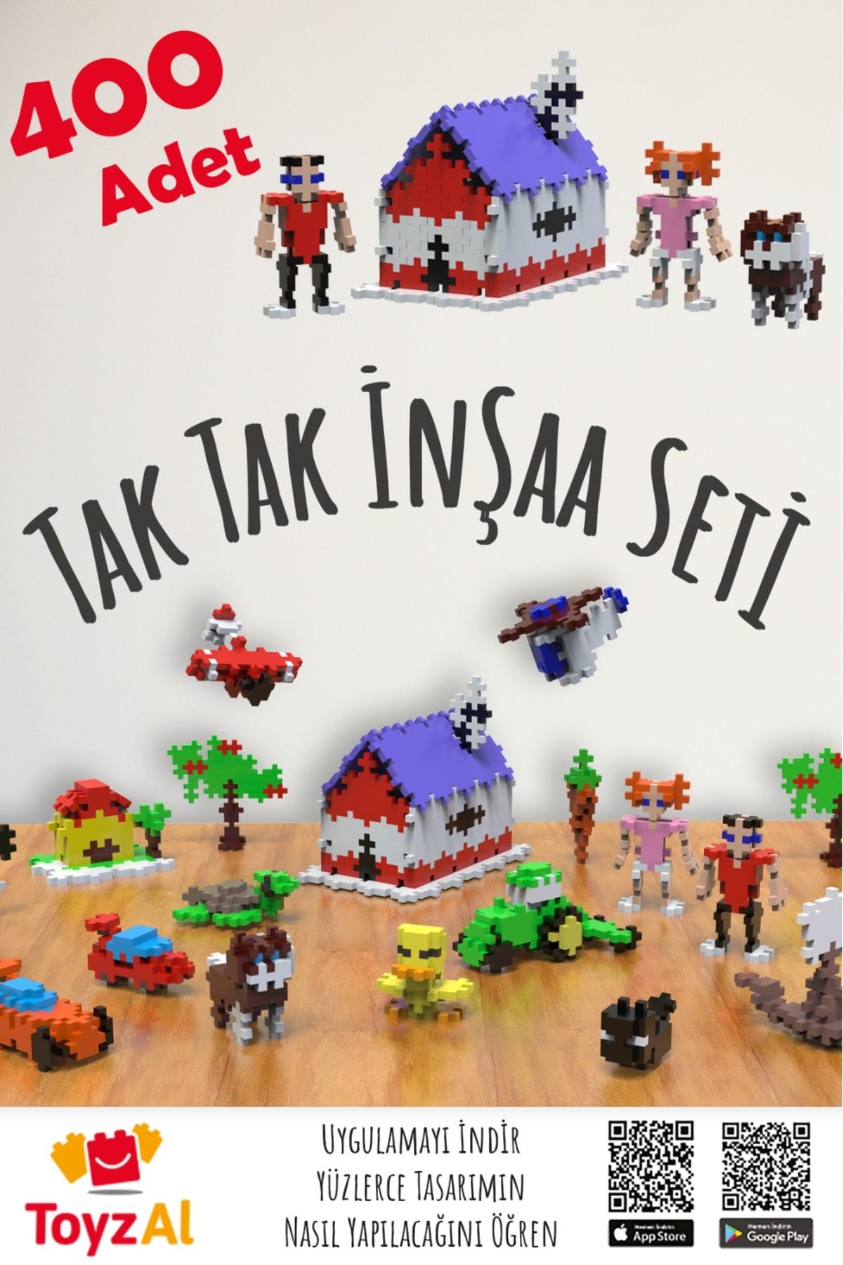 Toyzal Çocuklar İçin Zeka Gelişimi Destekleyici Eğlenceli 400 Adet 12 Renk Yaratıcı İnşaat Blok Seti