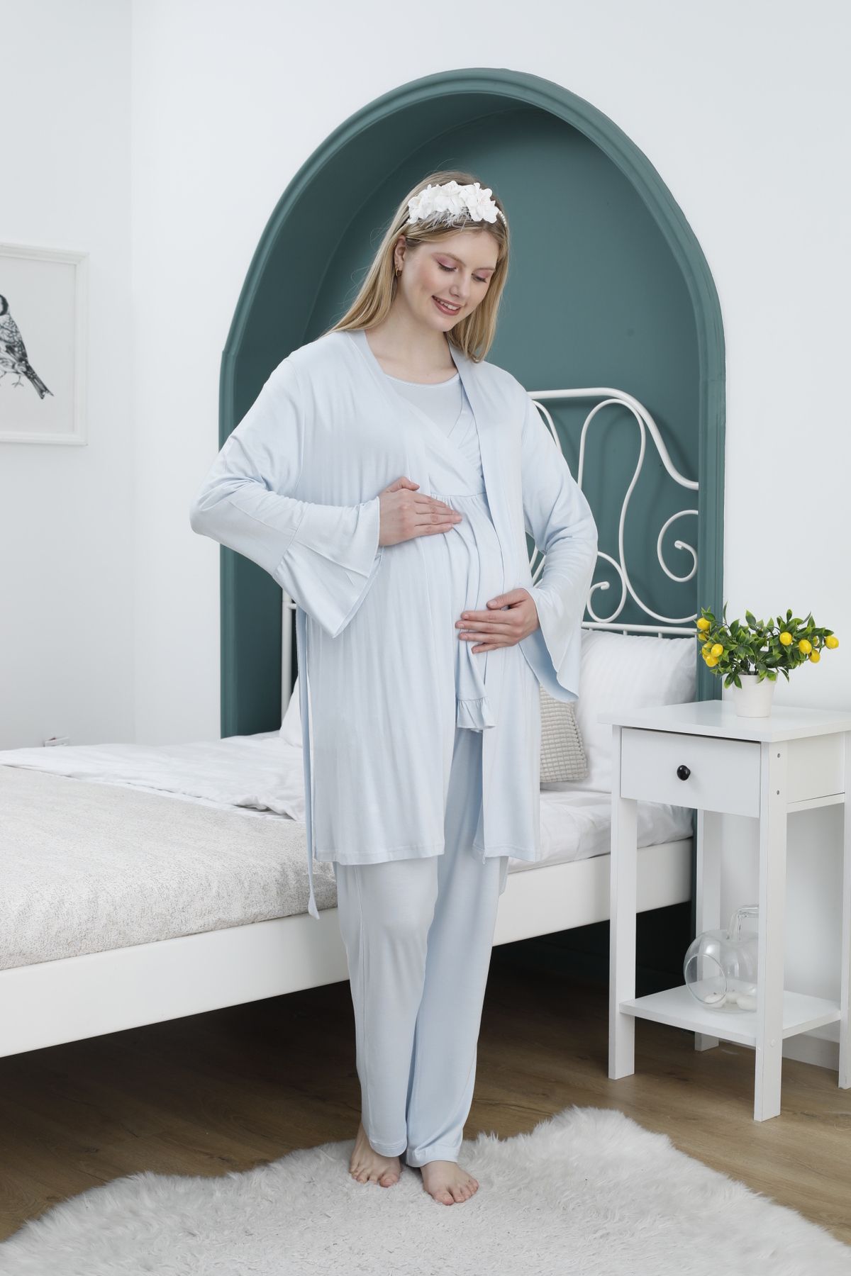 Lohussa Kadın Mavi Tasarım Yazlık Pamuklu Hamile Lohusa Sabahlık Pijama Takımı 3'lü Set