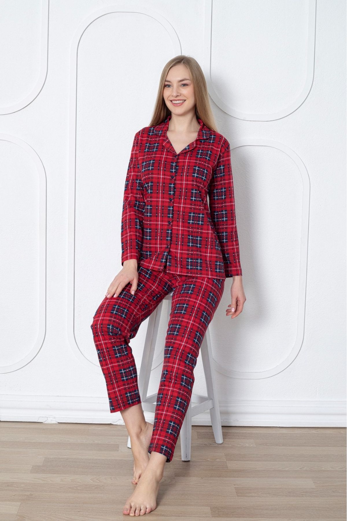 Farya Home Dreamy Pamuklu Ekoseli Uzun Kollu Önden Düğmeli Gömlek Pijama Takımı