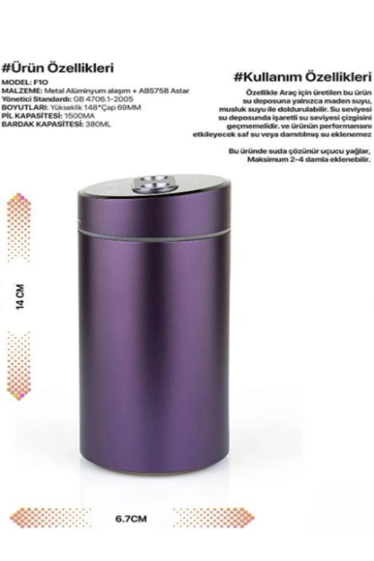 Summer Ticaret Summer H2o Humidifier 380 ml F10 Hava Nemlendiricisi Buhar Makinesi Ve Aroma Difüzörü - Mor