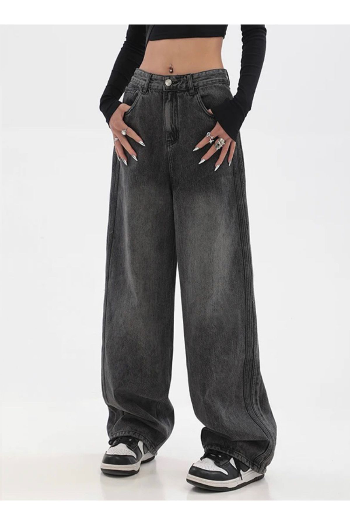 Köstebek Siyah Yıkamalı Baggy Jean Denim Pantolon