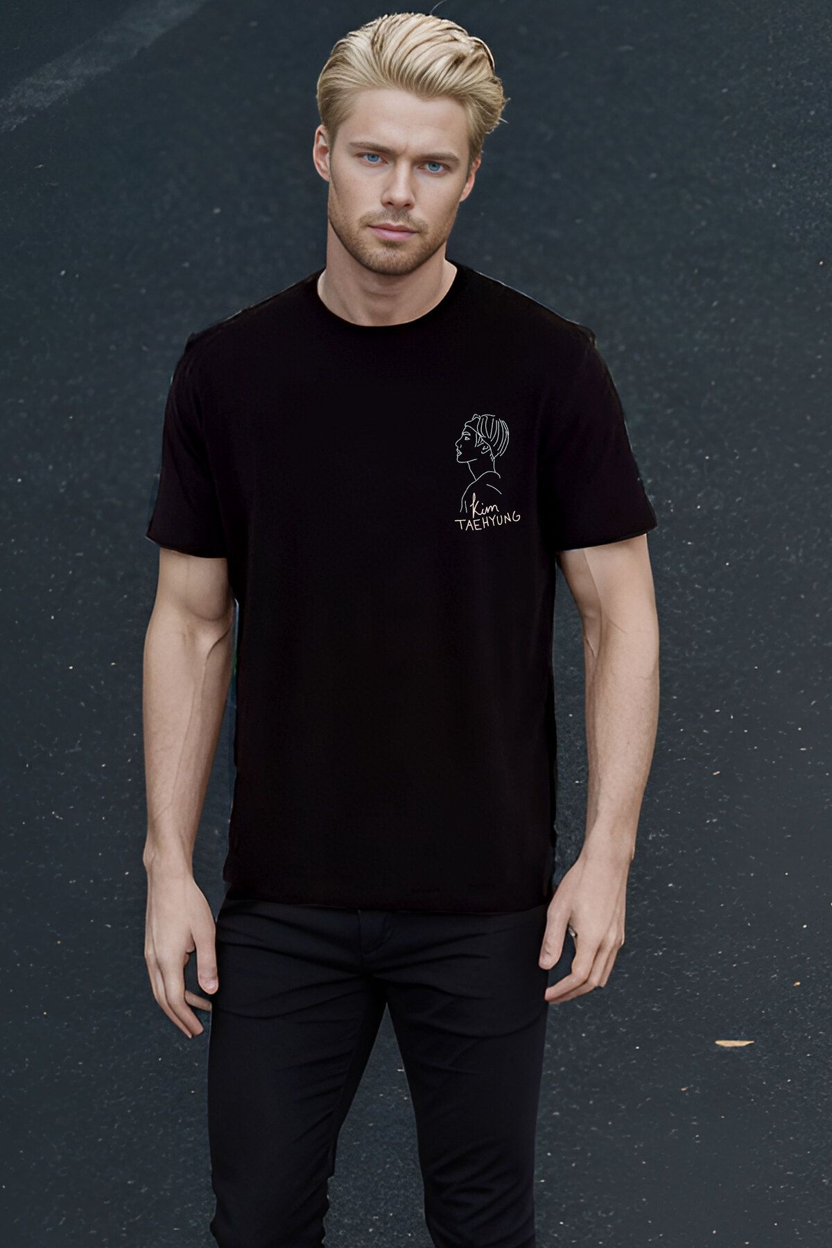 The Baski Siyah Unisex Bts Grubu V Kim Taehyung Cool Baskılı Kısa Kollu T-shirt