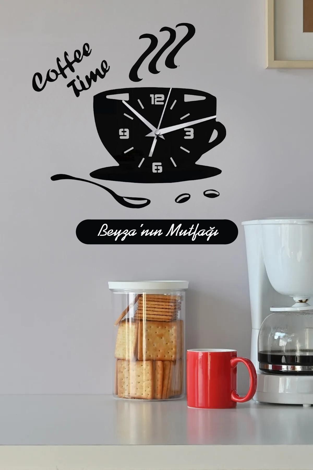 Ensa Design Kişiye Özel Coffee Time Yazı Dekorlu Ahşap Duvar Saati - Mutfak Saati 50cm