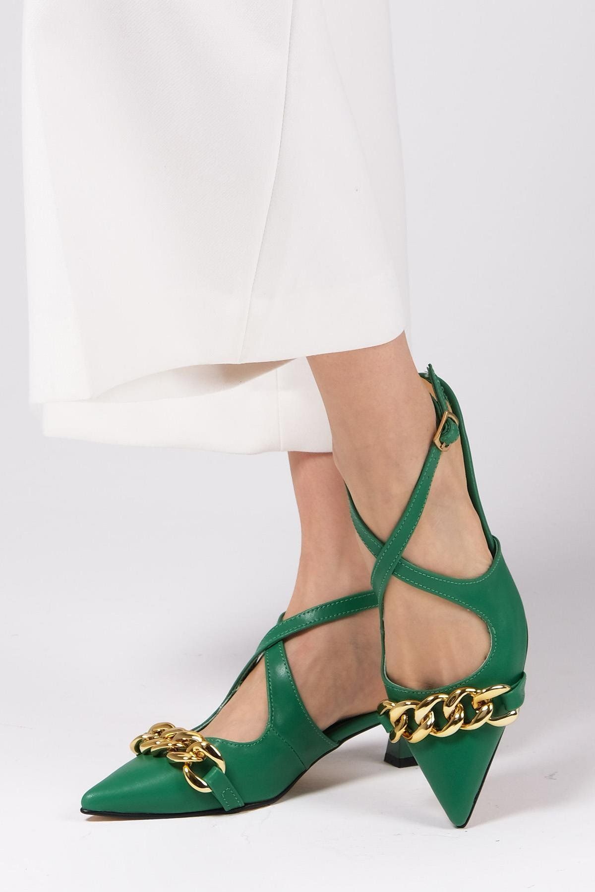 Mio Gusto Jenifer Yeşil Renk Kısa Topuklu Kadın Ayakkabı
