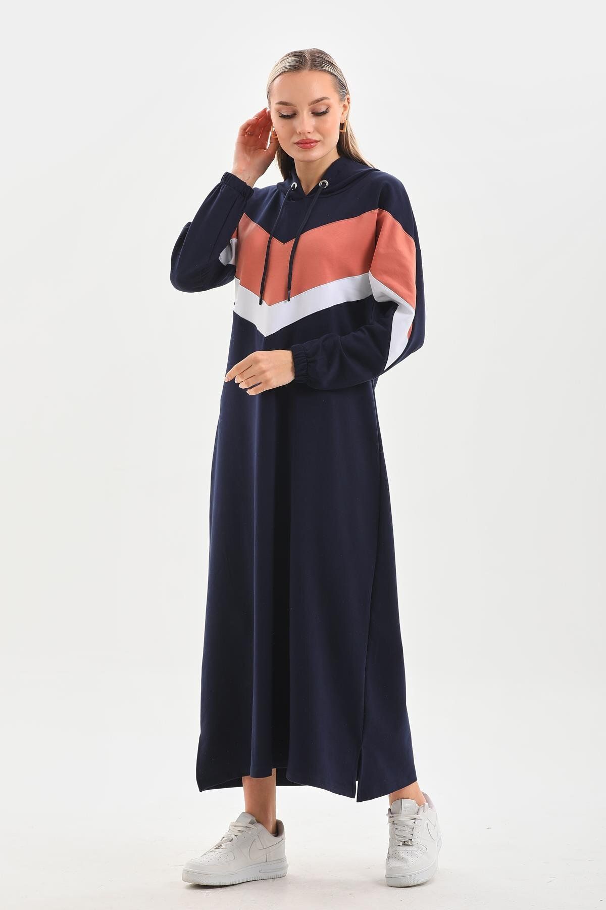 westbound SOMON V Desen Renk Bloklu Tesettür Günlük Uzun Spor Elbise