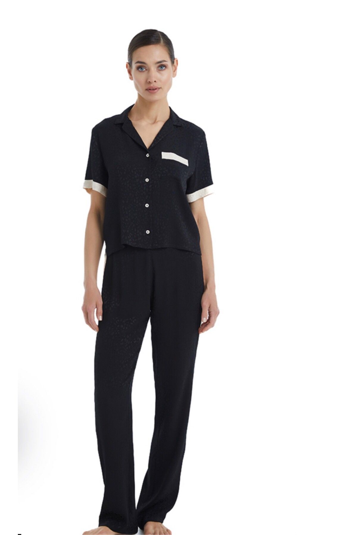 Blackspade -60366-Kadın Kısa Kollu Gömlek Yaka Pijama Takımı-Siyah