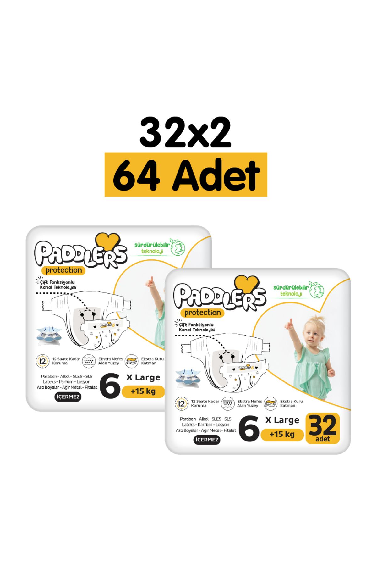 Paddlers Protection Bebek Bezi 6 Numara X-Large 64 Adet (15+Kg) 2'li Jumbo Set