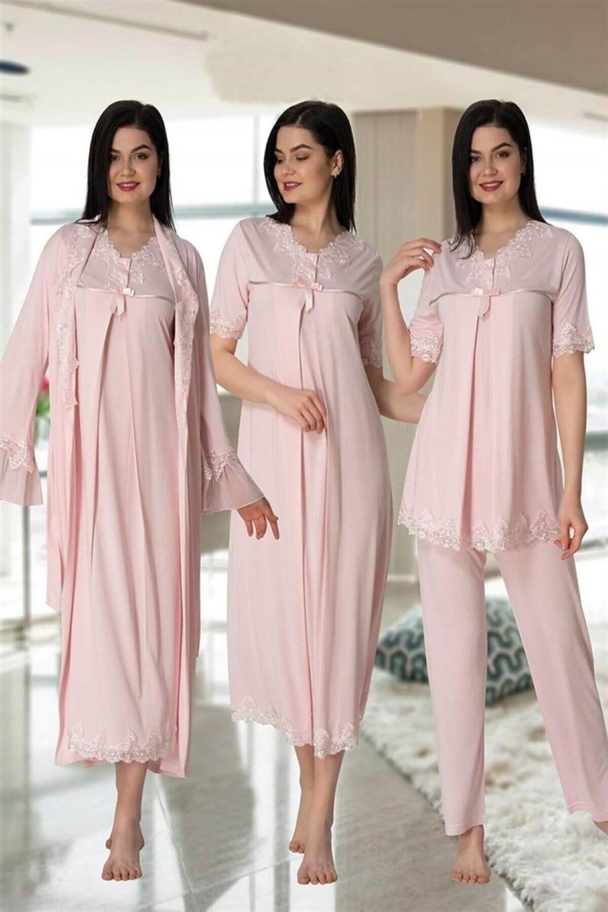 Lohussa Kadın Pudra Dantelli Pamuklu Hamile Lohusa Sabahlık Pijama Takımı Gecelik 4'lü Set