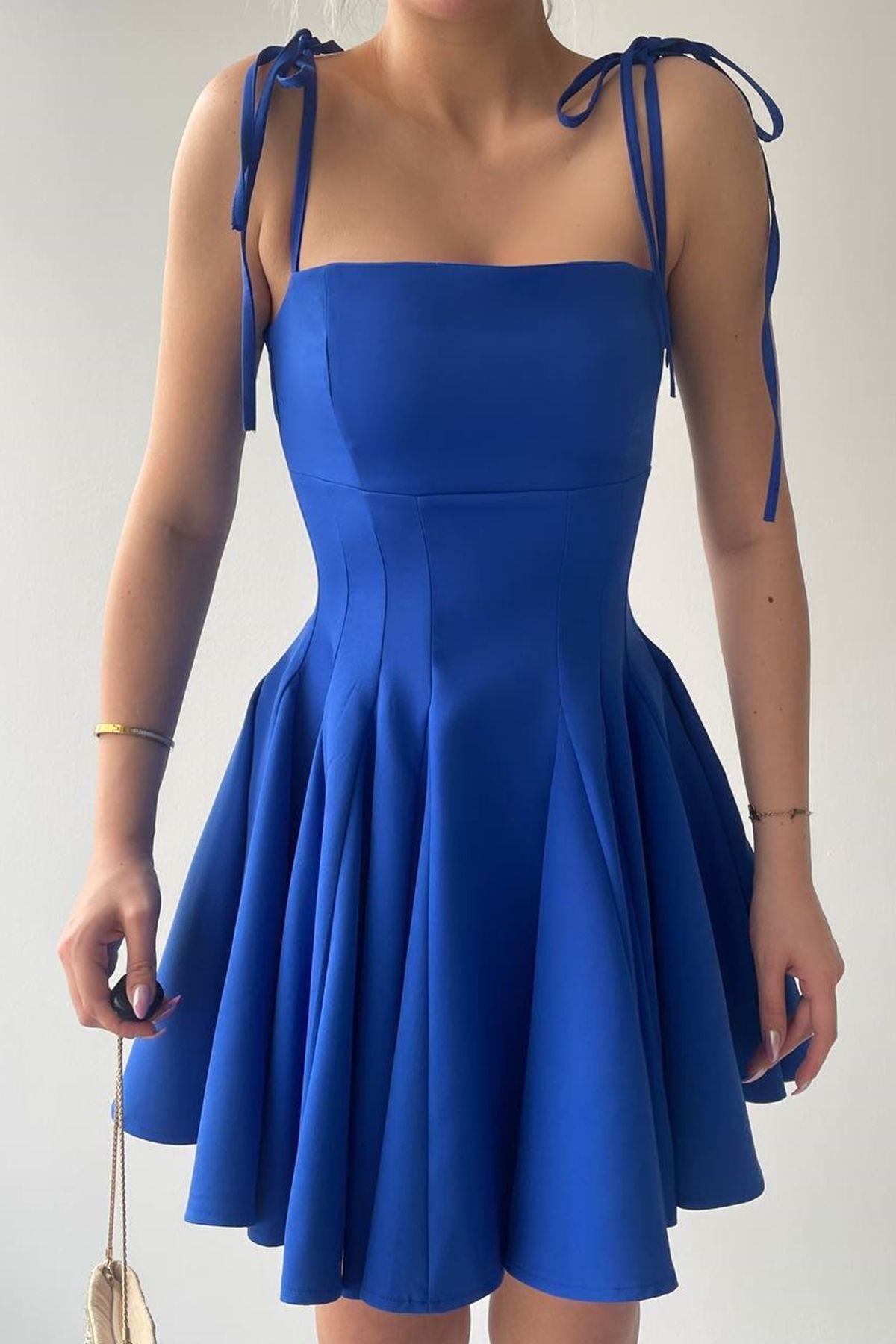 Secret Passion Lingerie Atlas Kumaş Bağcık Detaylı İnce Askılı Kloş Prenses Kesim Saks Mavi Elbise Mezuniyet Elbisesi 164