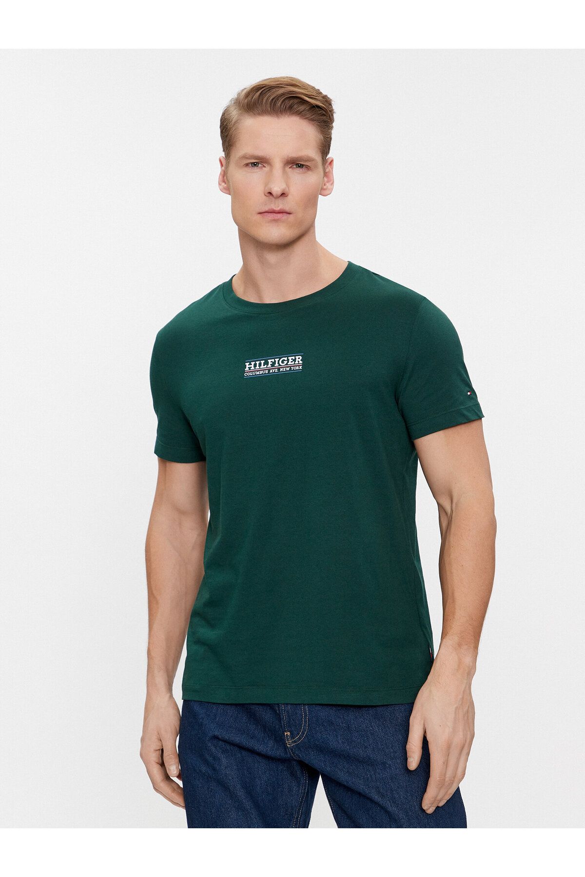 Tommy Hilfiger Erkek Pamuklu Kısa Kollu Yuvarlak Yaka Yeşil T-Shirt MW0MW34387-MBP
