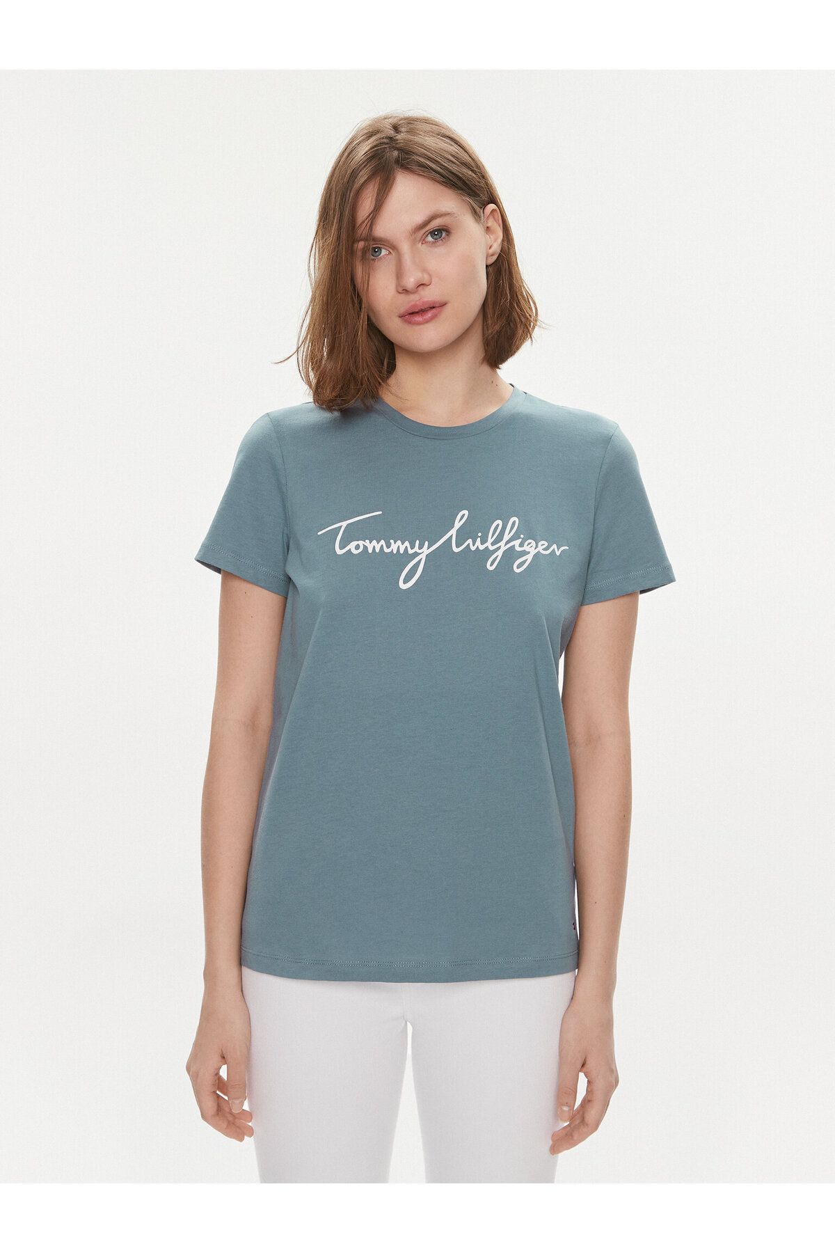 Tommy Hilfiger Kadın Dokuma Kumaş Marka Logolu Mavi T-Shirt WW0WW41674-DYM