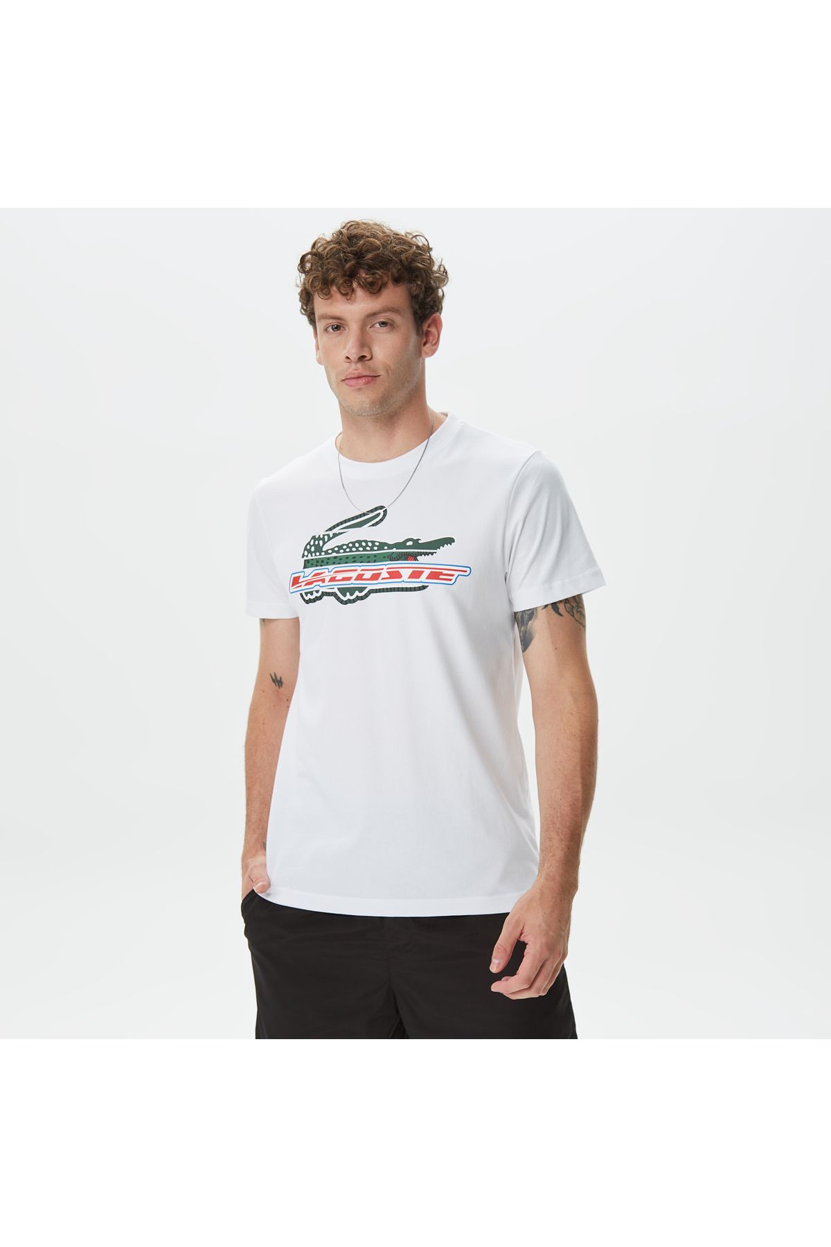 Lacoste Erkek Sport Regular Fit Organik Pamuk Baskılı Beyaz T-shirt
