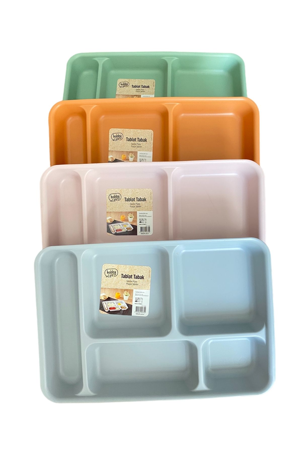 HOBBY LİFE 4 Adet 5 Bölmeli Plastik Tablot Kahvaltı Yemek Piknik Servis Tabağı 4 Renk 21x31x3,3h Cm HH
