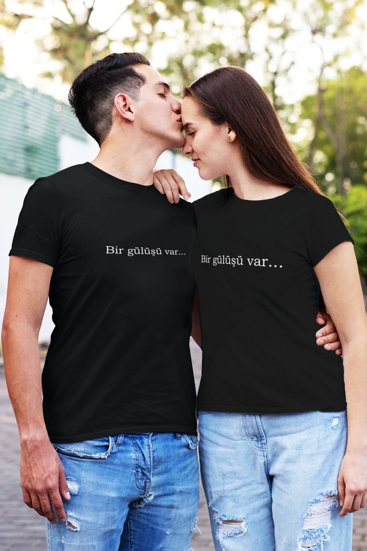 ZOKAWEAR Unisex Bol Kalıp Bir Gülüşü Var Baskılı Sevgili Çift Kombin Siyah Tişört (2Lİ?)