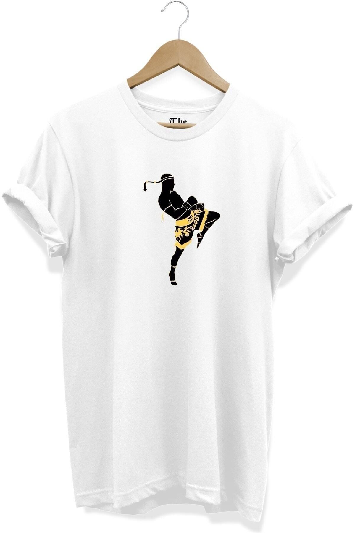 ZOKAWEAR Unisex Bol Kalıp Beyaz Kick Boks -kickbox Baskılı Tasarım Kısa Kollu T-shirt