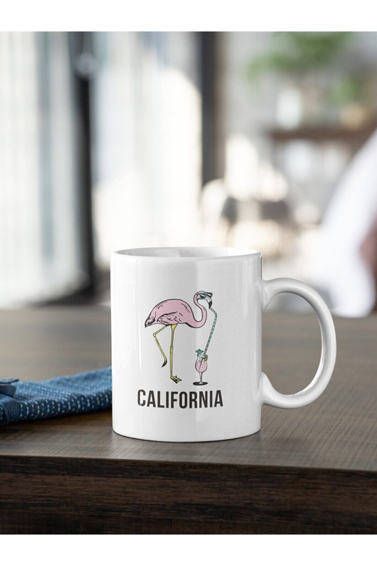 Azresa California Yazılı Pembe Flamingo Baskılı Kupa