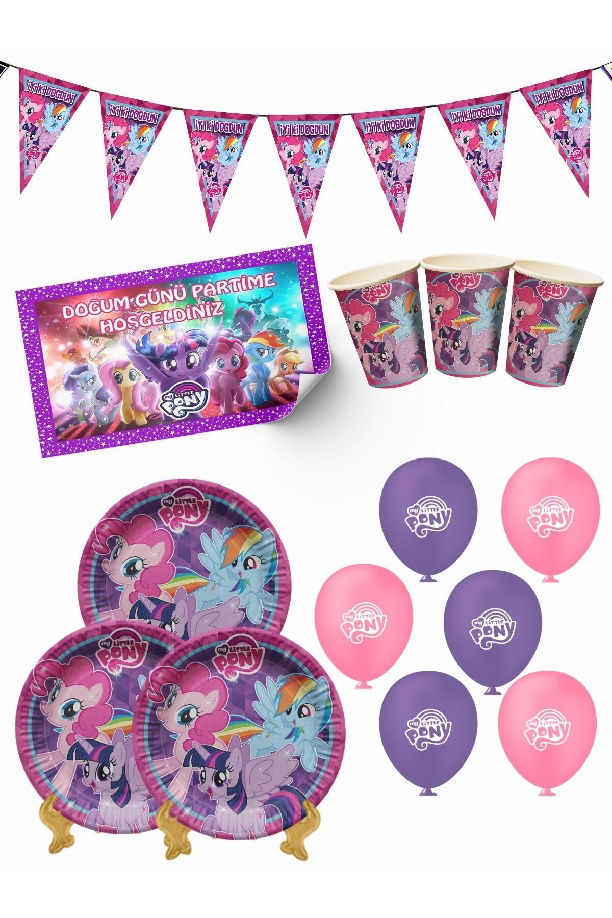 My Little Pony Bayraklı ve Afişli 24 Kişilik Doğum Günü Parti Malzemeleri Süsleri Seti MXST