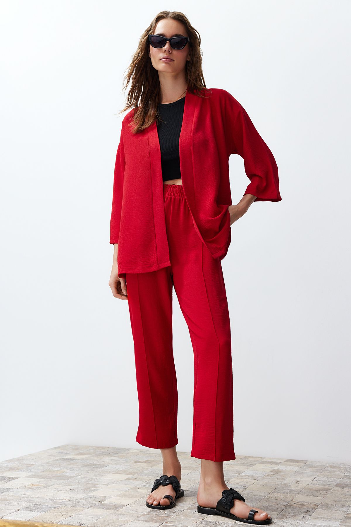 TRENDYOLMİLLA Kırmızı Dokuma Kimono Pantolon Alt-Üst Takım TWOSS24AU00037