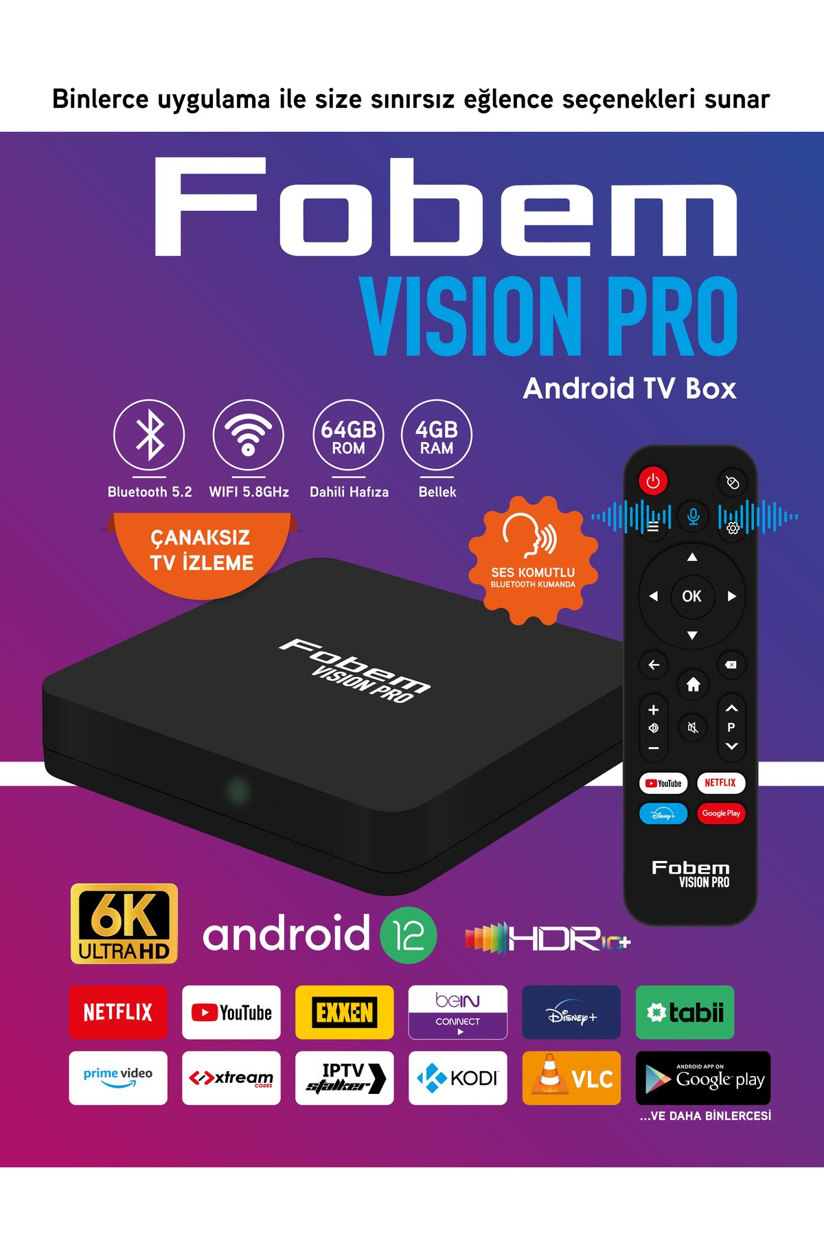 FOBEM Vision PRO 6K Android TV Box Medya Oynatıcı - Sesli Komut Bluetooth Wi-Fi  4 GB Ram 64 GB Hafıza