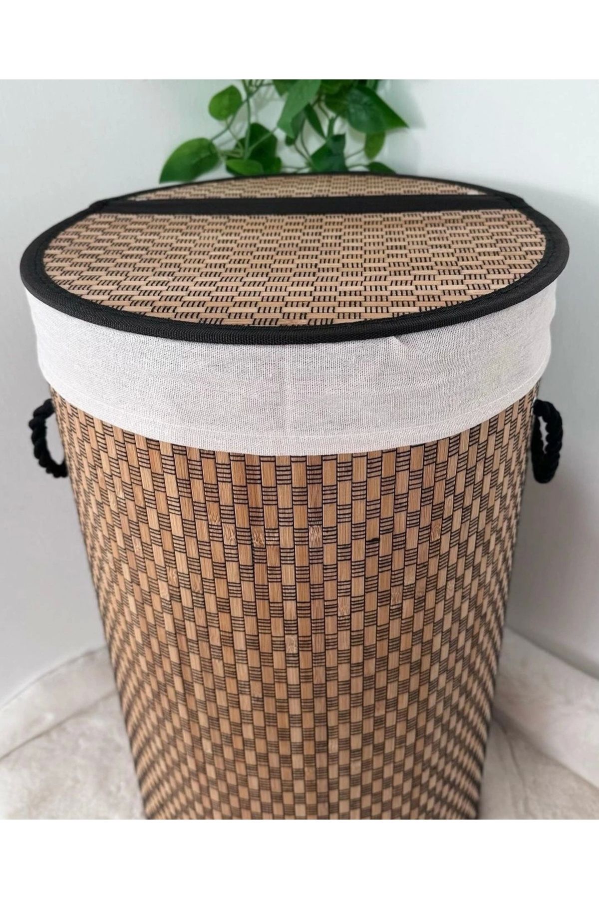 Evistro Dekoratif Kulplu Bambu Katlanır Çamaşır Sepeti 35x61cm Karışık Desenli