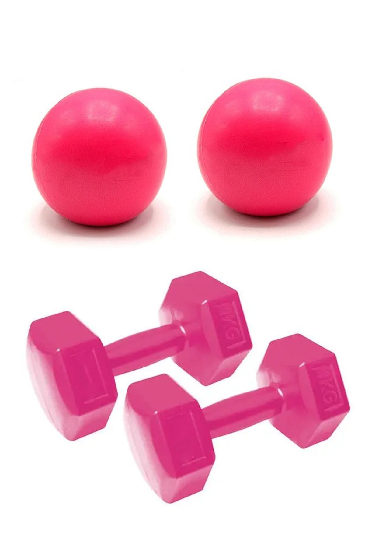 teknotrust Pembe Pilates Ağırlık Topu Ve Dambıl Seti Toning Ball 0.5 Kg X 2adet , Dambıl Seti 1 Kg X 2 Adet Set