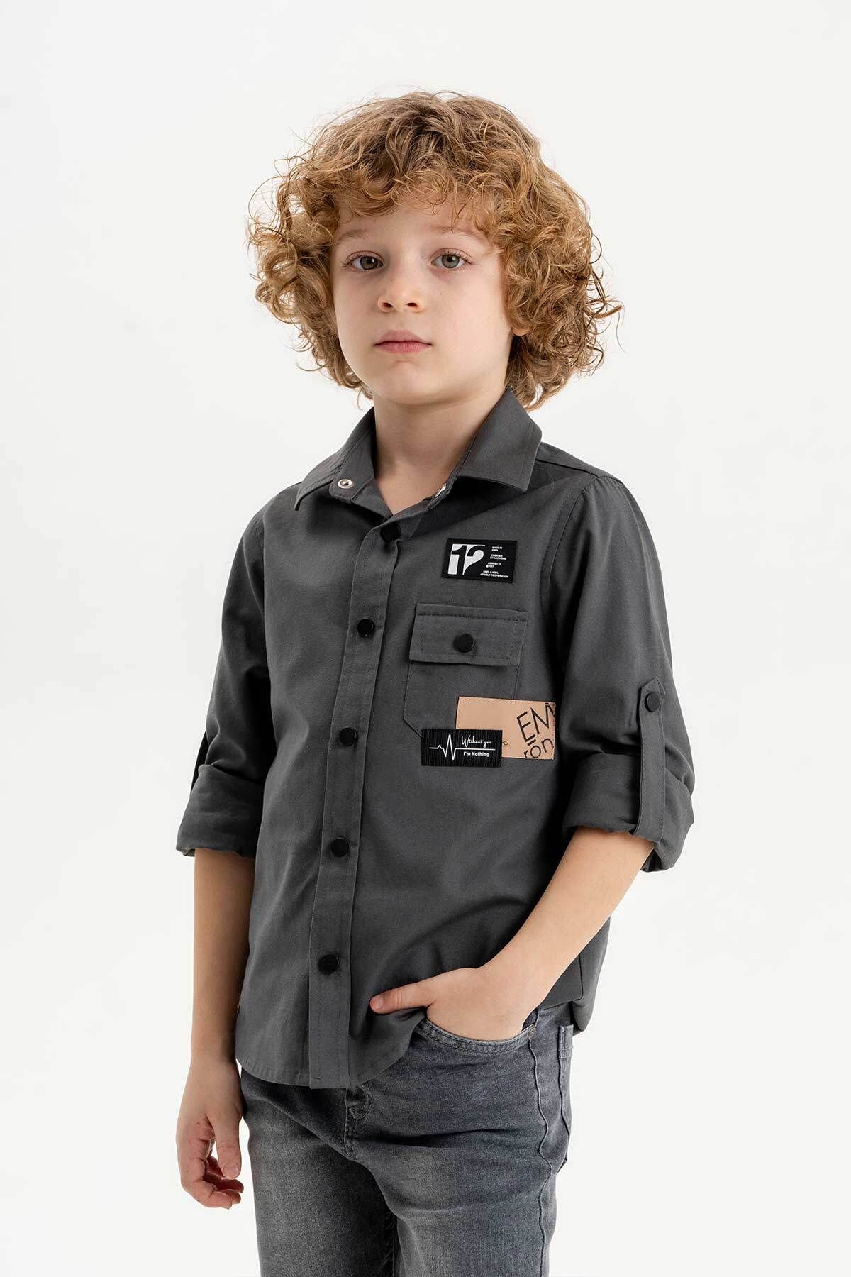 Gold Class Kidswear Çıtçıtlı Arma Baskılı Ayarlanabilir Kol Erkek Çocuk Gömlek