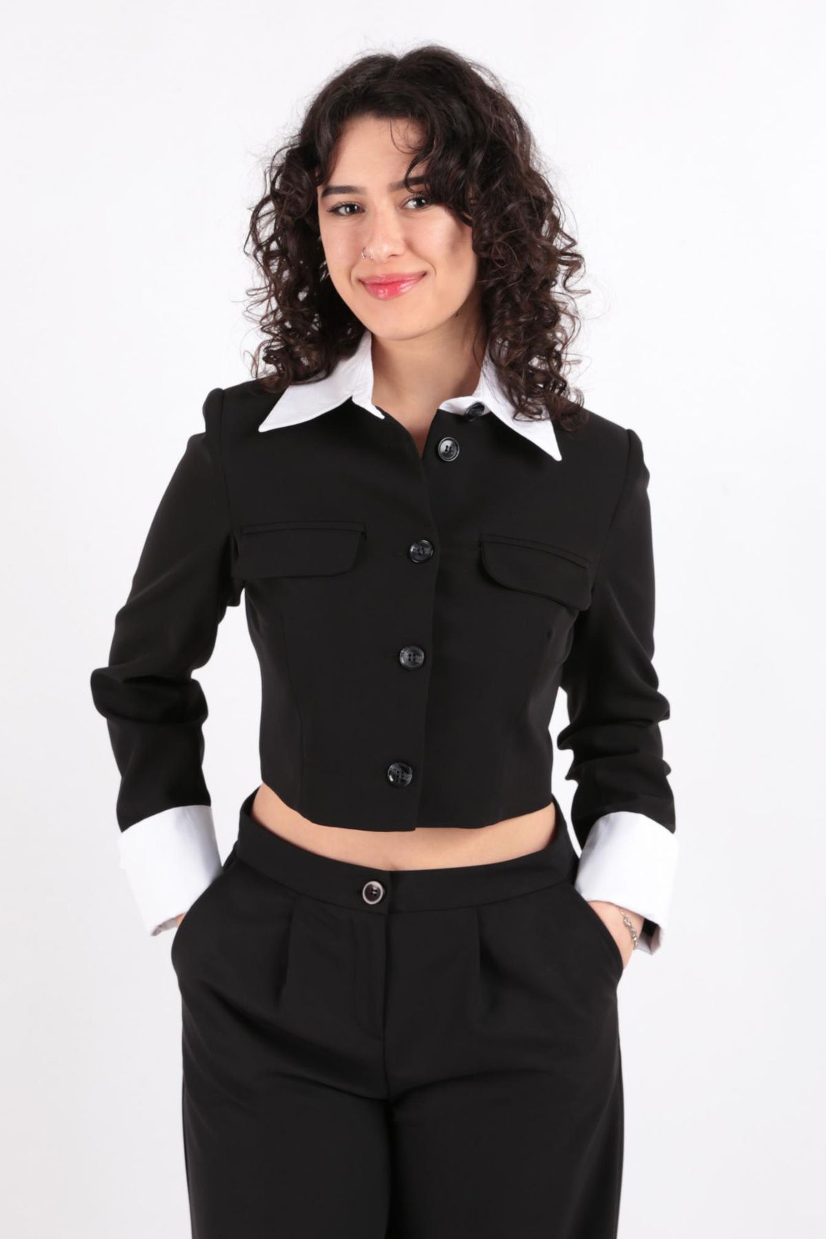 Puane Soul 31606 Kadın Gömlek Yakalı Crop Blazer Ceket Ss