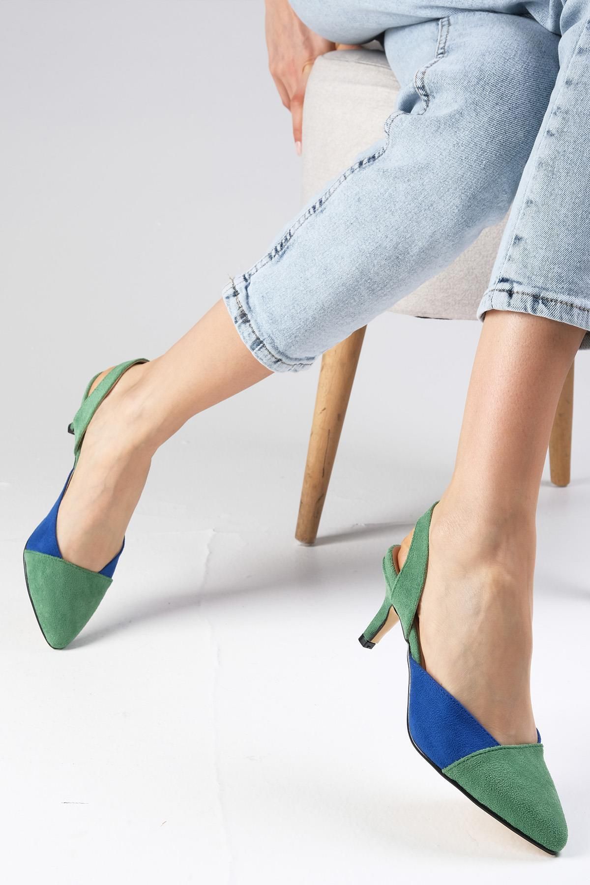 Mio Gusto Ruby Yeşil Ve Saks Mavi Renk Süet Kadın Kısa Topuklu Ayakkabı