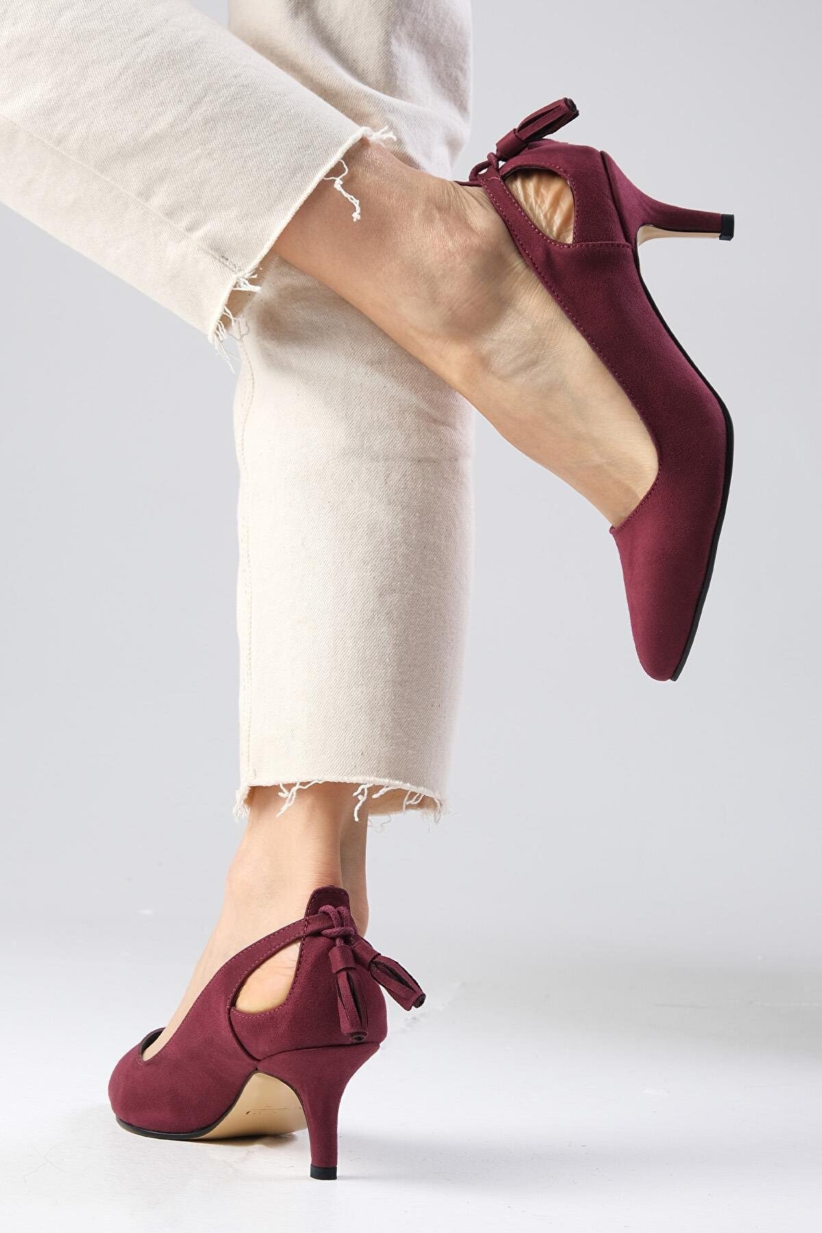 Mio Gusto Drop Bordo Renk Süet Kadın Kısa Topuklu Ayakkabı