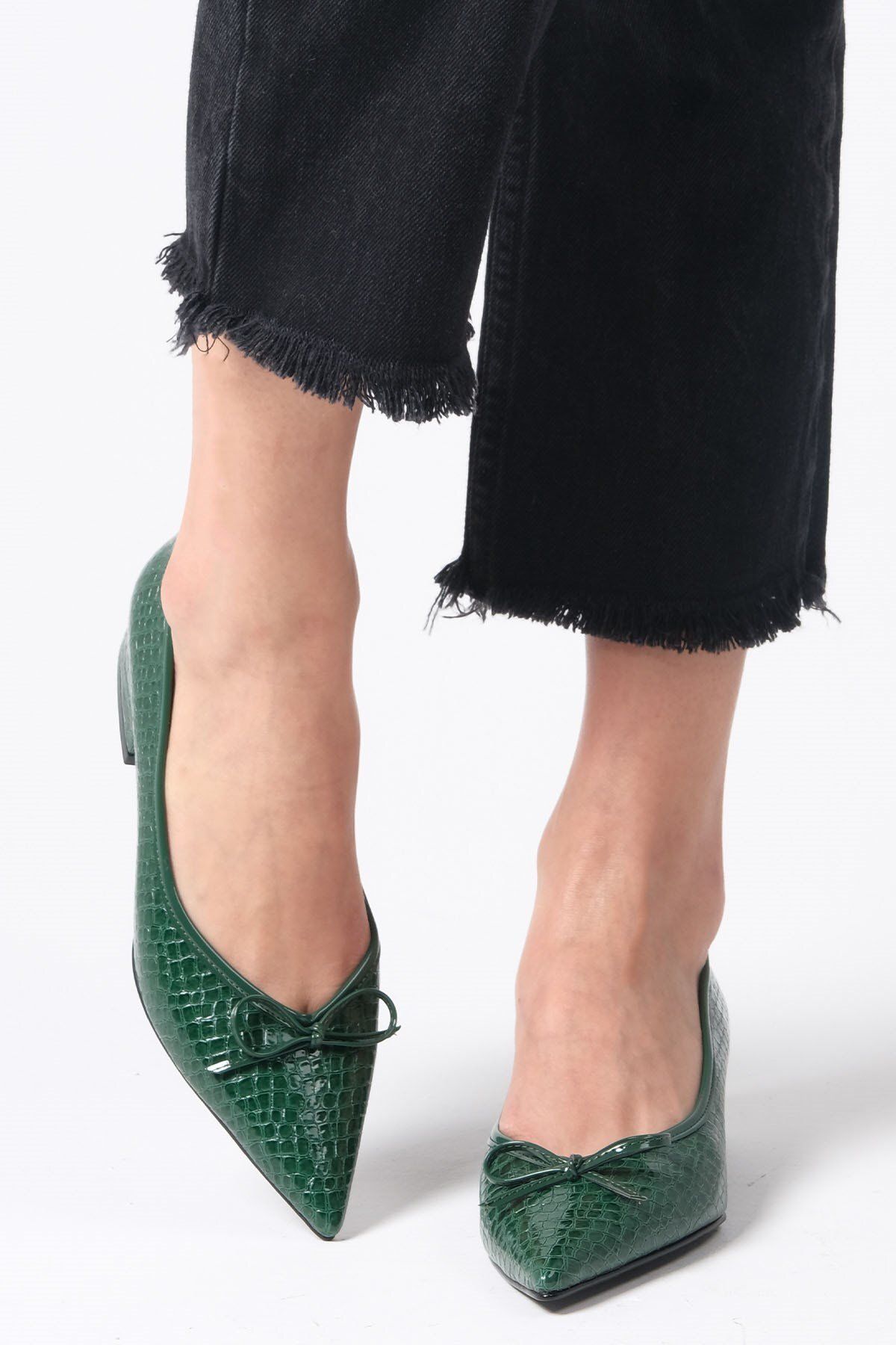 Mio Gusto Beatrix Yeşil Renk Rugan Kısa Topuklu Kadın Ayakkabı